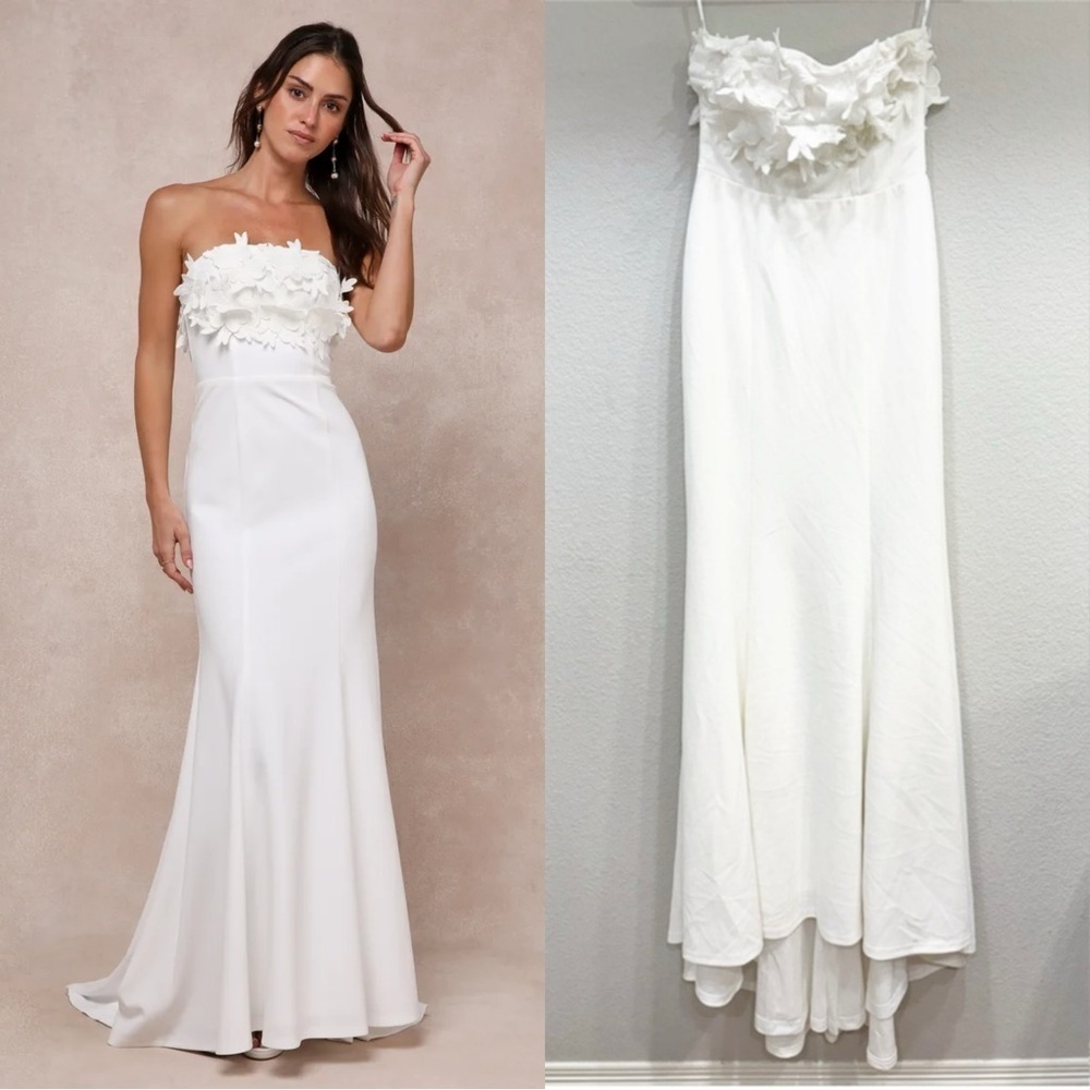Sz S - NWOT Lulus Love Garden Ivory‎ 3D Floral Embroidered Strapless Maxi Dress